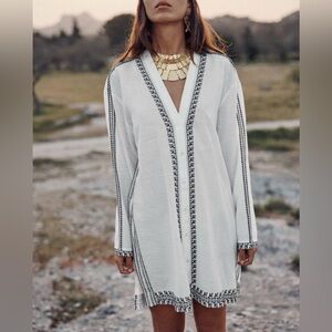 ZARA COTTON EMBROIDERED V NECK TUNIC STYLE DRESS OVERSIZED BOHO BEACH White S